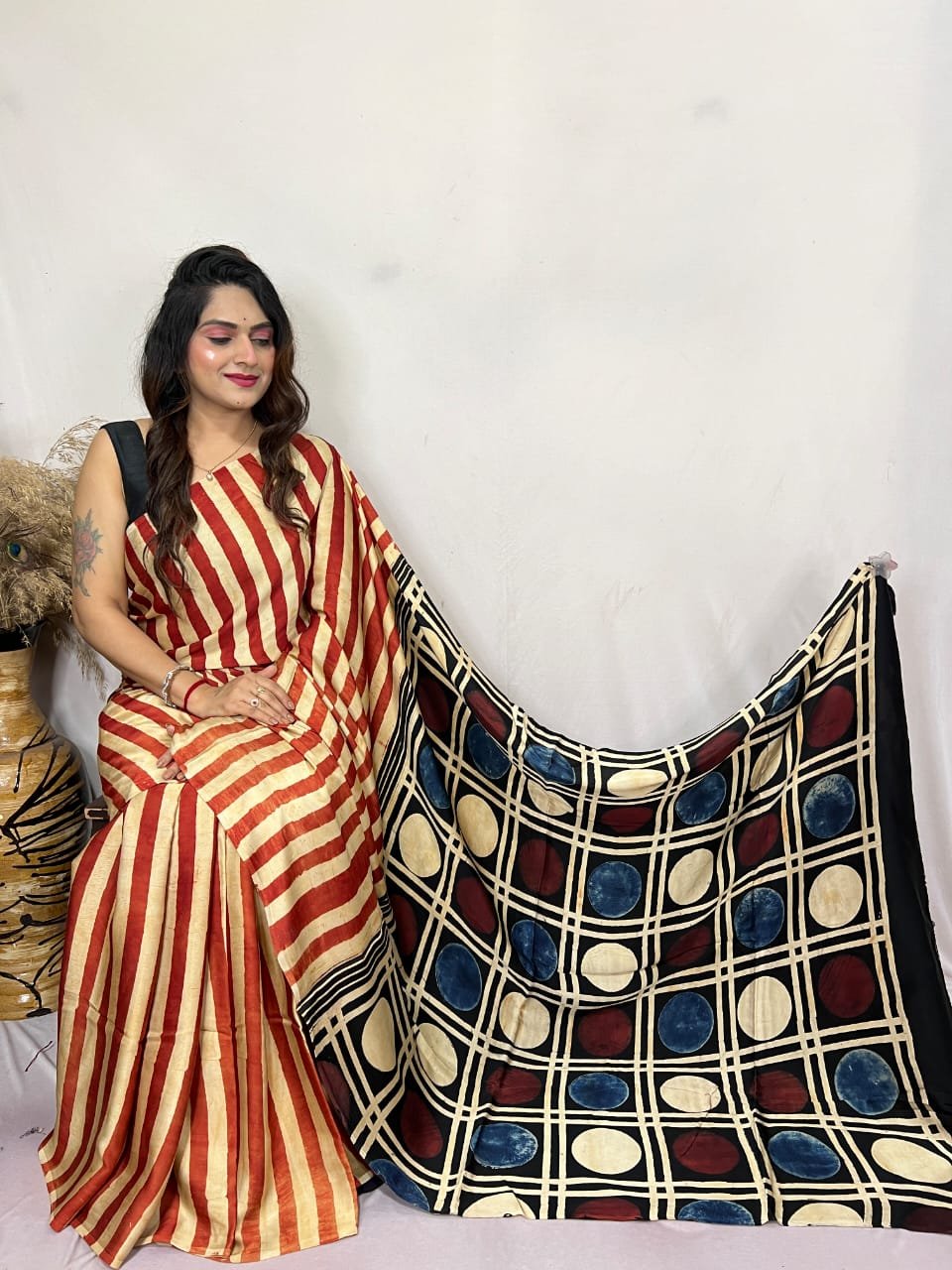 Womens Ajrakh Modal Silk Saree A Masterpiece of Hand Block Print and Natural Colors - Red