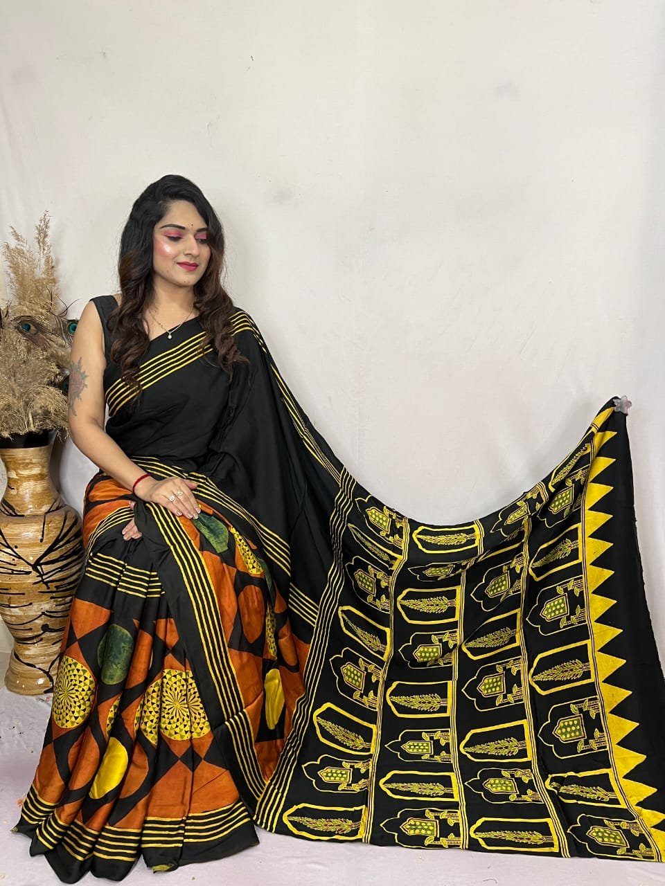 Womens Ajrakh Modal Silk Saree A Masterpiece of Hand Block Print and Natural Colors - Yellow