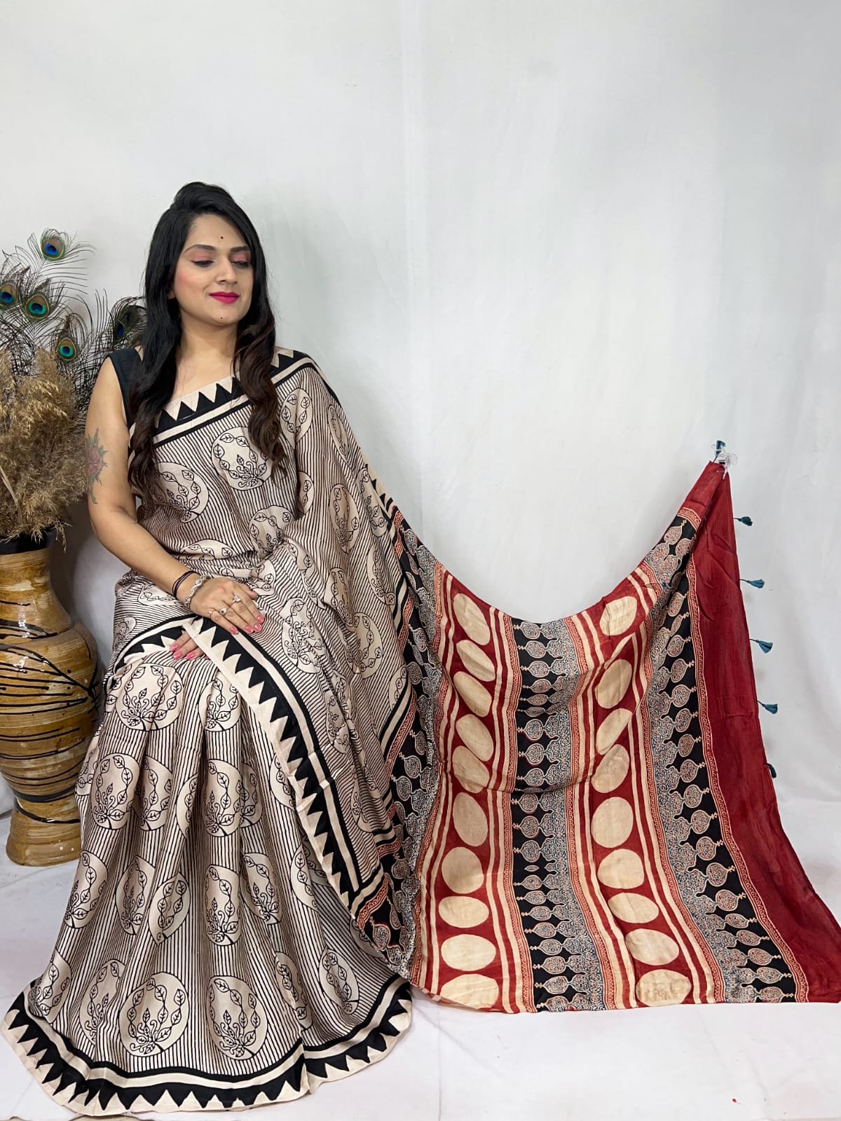 Womens Ajrakh Modal Silk Saree A Masterpiece of Hand Block Print and Natural Colors - Cream