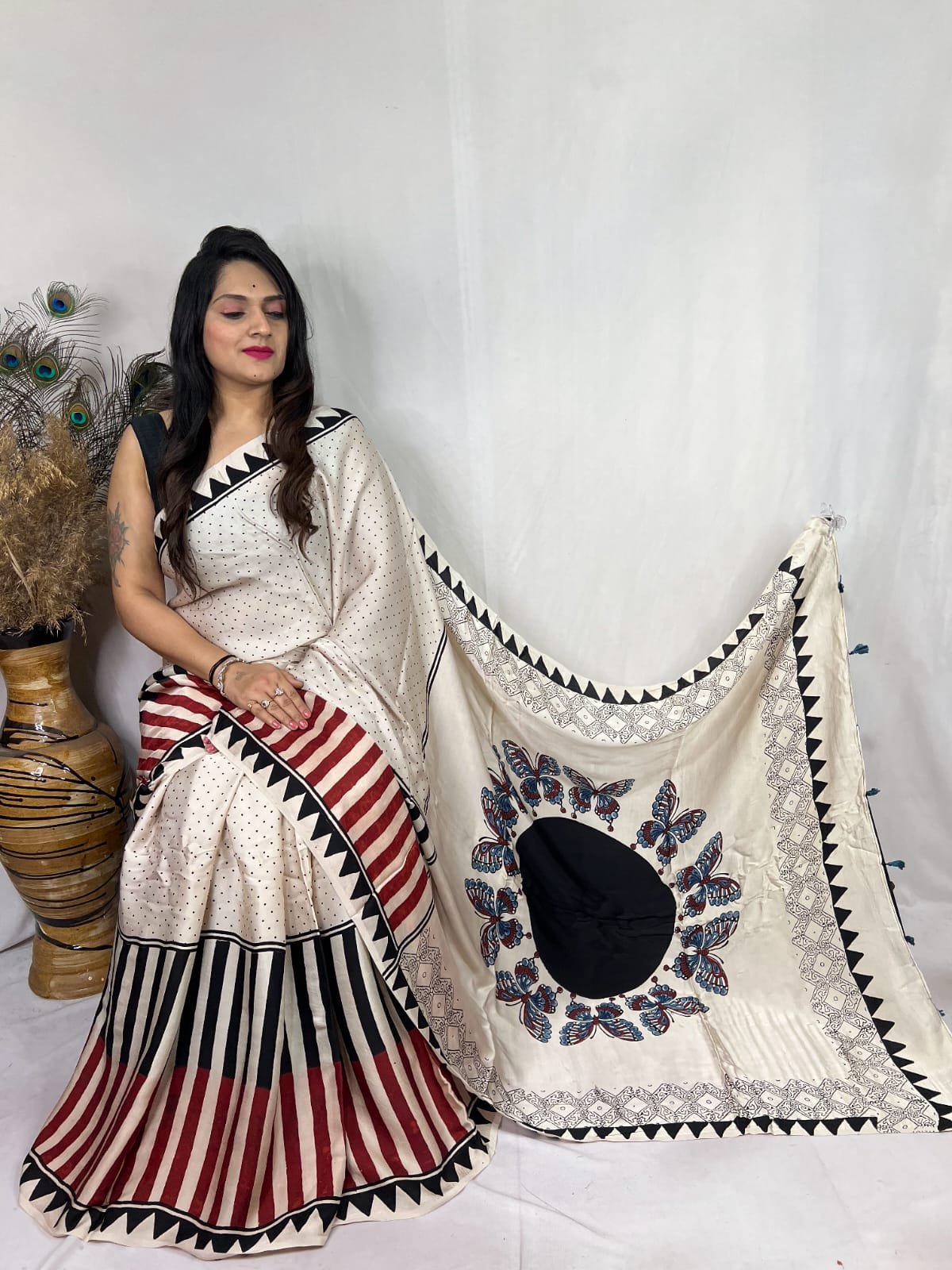 Womens Ajrakh Modal Silk Saree A Masterpiece of Hand Block Print and Natural Colors - Cream