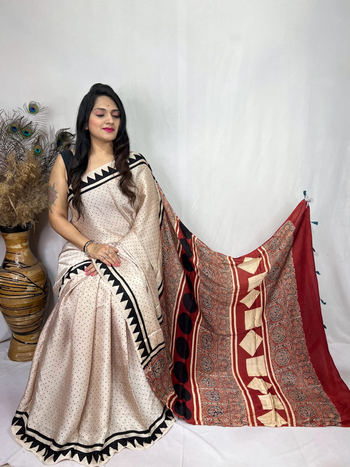 Womens Ajrakh Modal Silk Saree A Masterpiece of Hand Block Print and Natural Colors - Cream