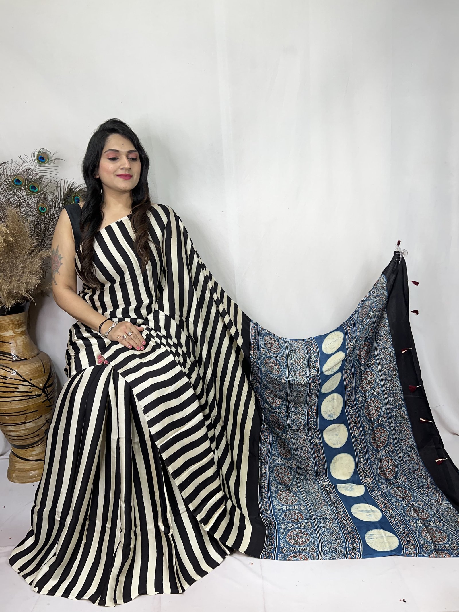 Womens Ajrakh Modal Silk Saree A Masterpiece of Hand Block Print and Natural Colors - Cream