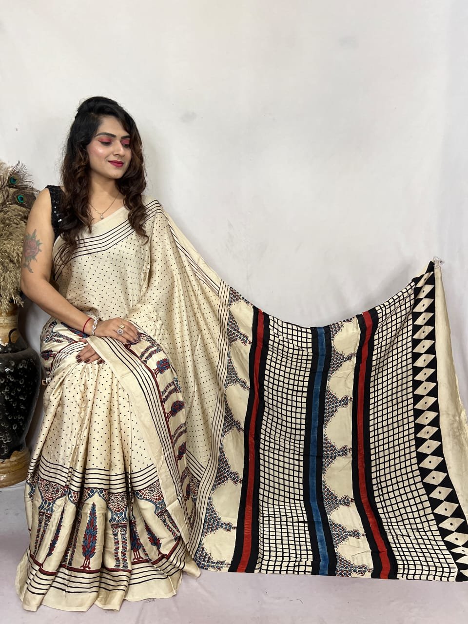 Womens Ajrakh Modal Silk Saree A Masterpiece of Hand Block Print and Natural Colors - Cream