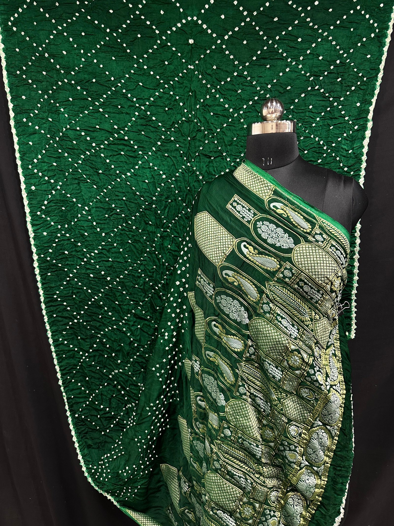 Modal Slik Exclusive Lakhnavi Work Bandhani Saree - Green