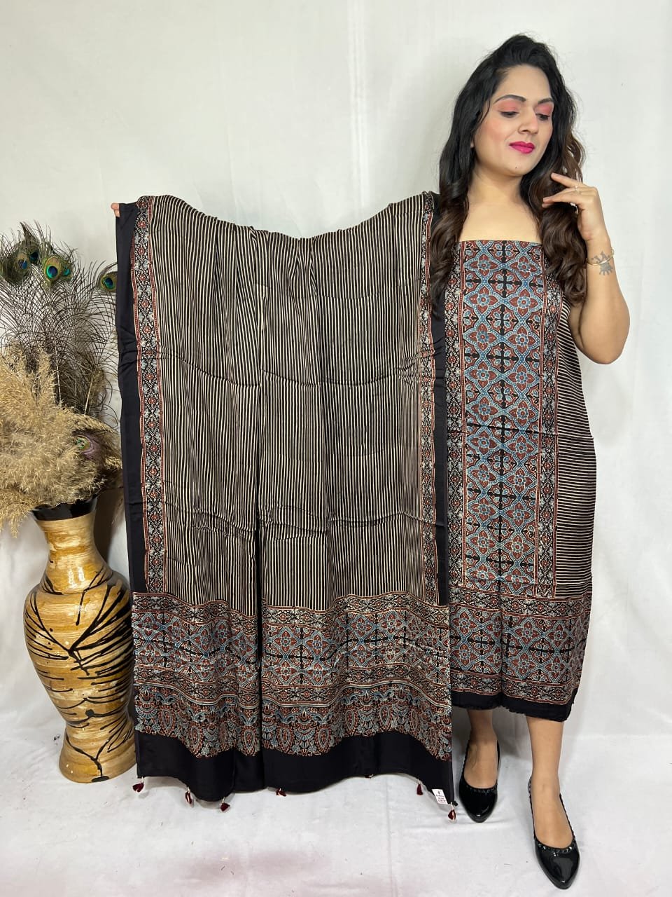 Luxurious Natural Block Print 2pcs Ajrakh Modal Silk Suit Material - Black
