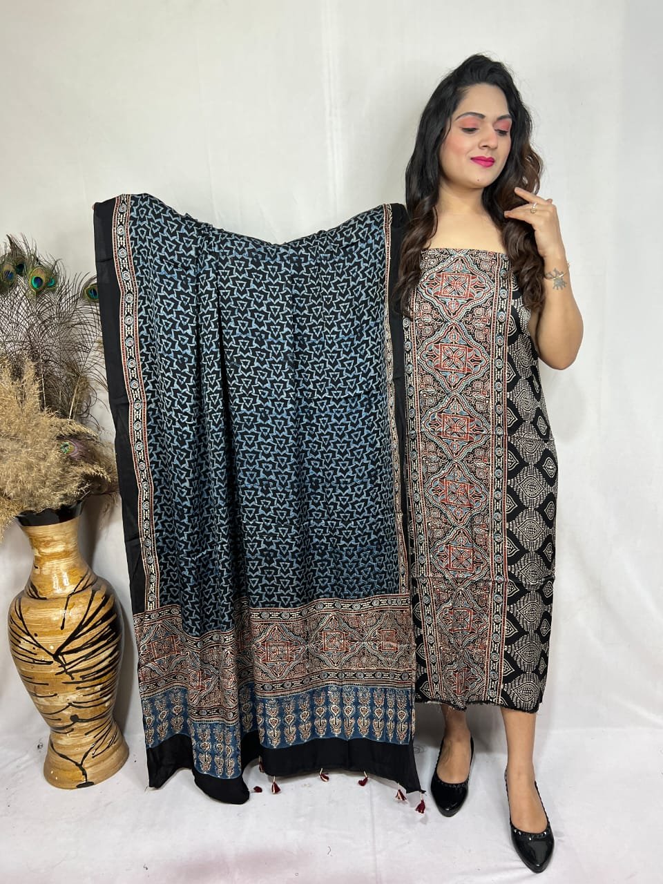 Luxurious Natural Block Print 2pcs Ajrakh Modal Silk Suit Material - Black