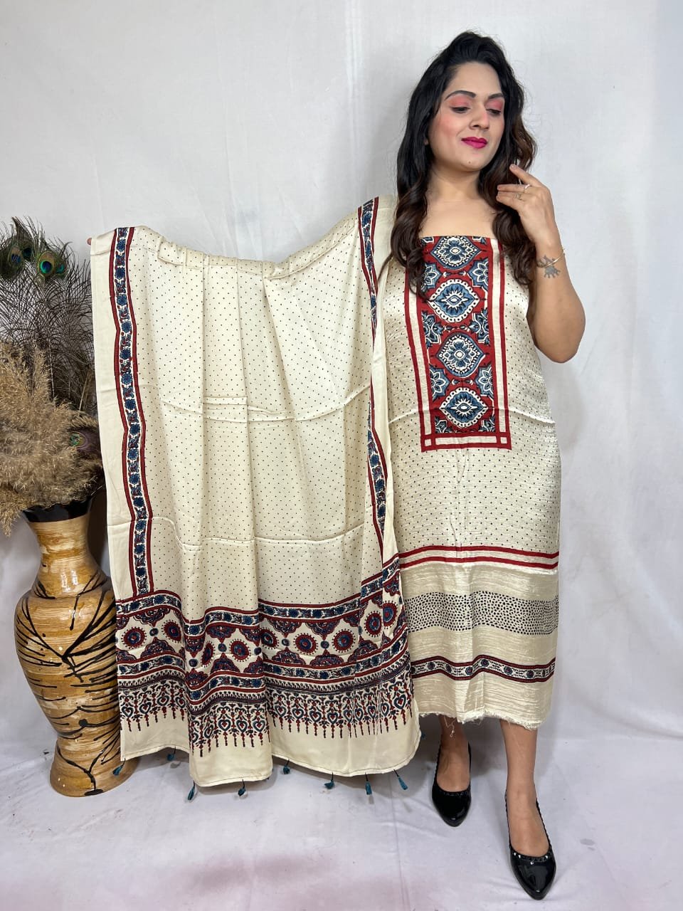 Luxurious Natural Block Print 2pcs Ajrakh Modal Silk Suit Material - Cream