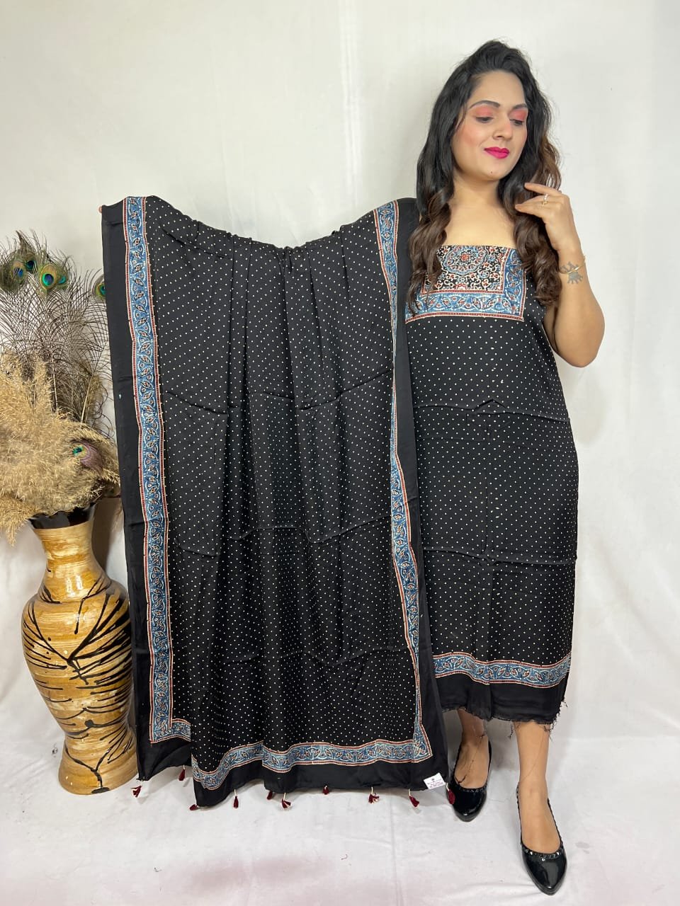 Luxurious Natural Block Print 2pcs Ajrakh Modal Silk Suit Material - Black
