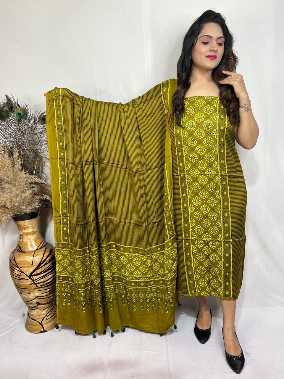 Luxurious Natural Block Print 2pcs Ajrakh Modal Silk Suit Material - Mahendi Green