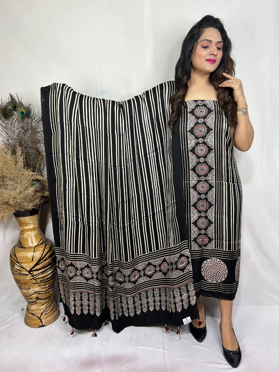 Luxurious Natural Block Print 2pcs Ajrakh Modal Silk Suit Material - Black