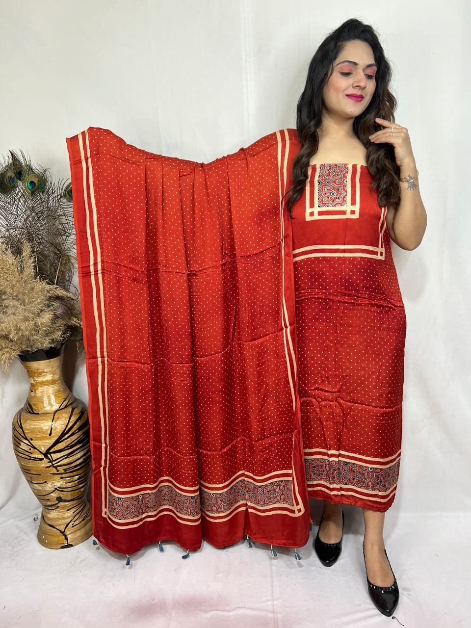 Luxurious Natural Block Print 2pcs Ajrakh Modal Silk Suit Material - Red