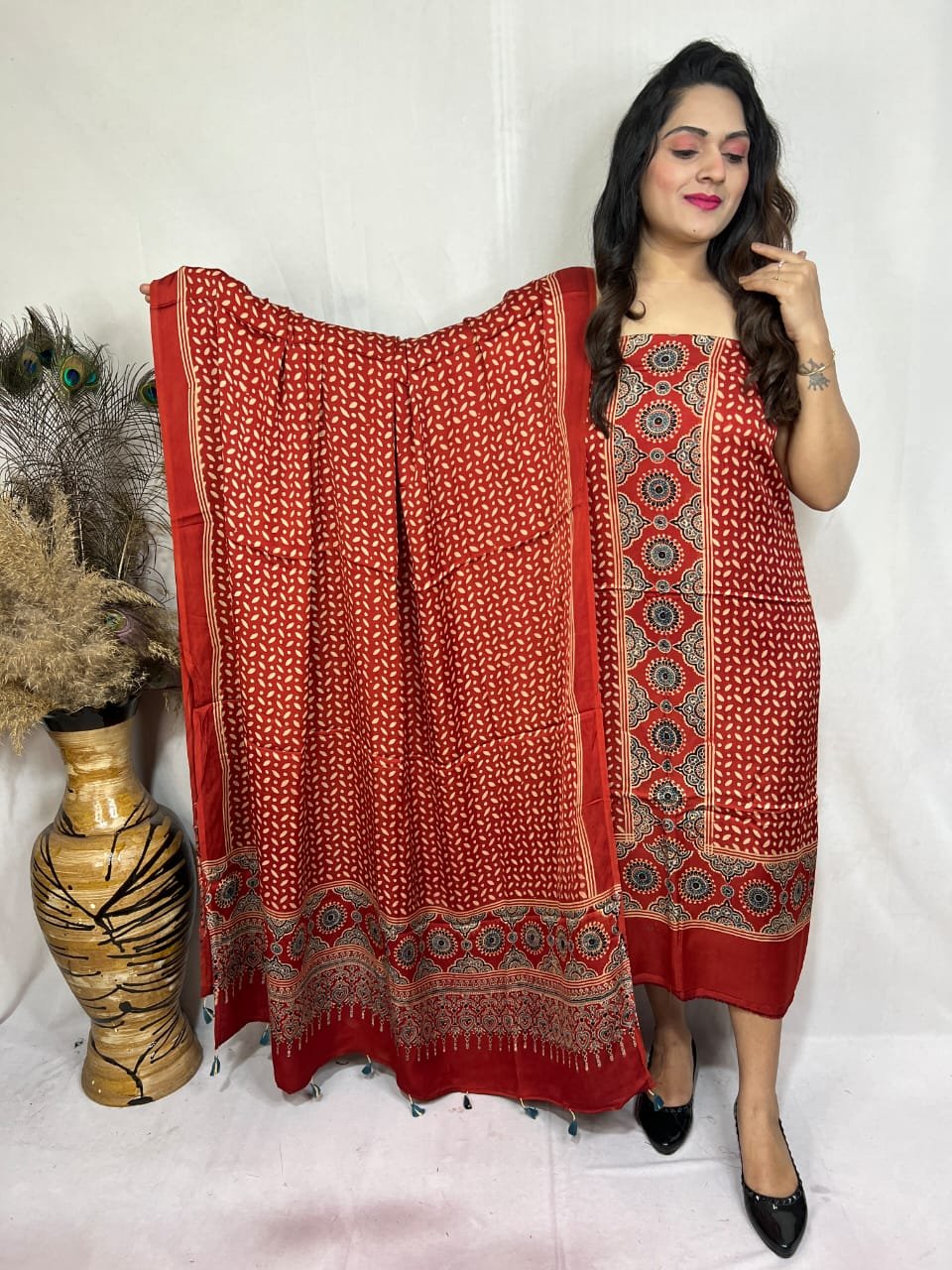 Luxurious Natural Block Print 2pcs Ajrakh Modal Silk Suit Material - Red