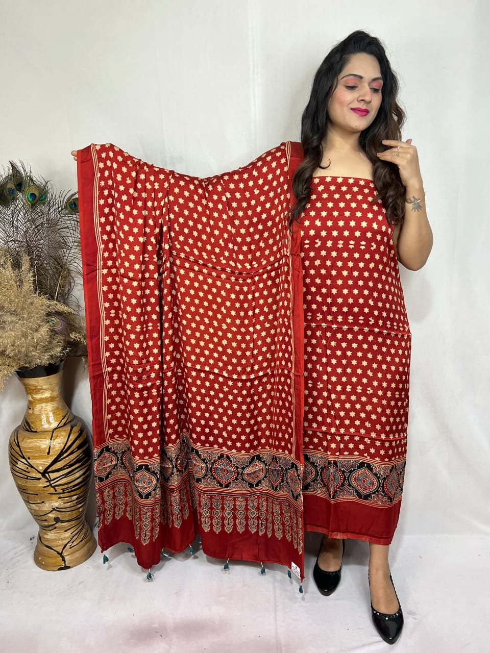 Luxurious Natural Block Print 2pcs Ajrakh Modal Silk Suit Material - Red