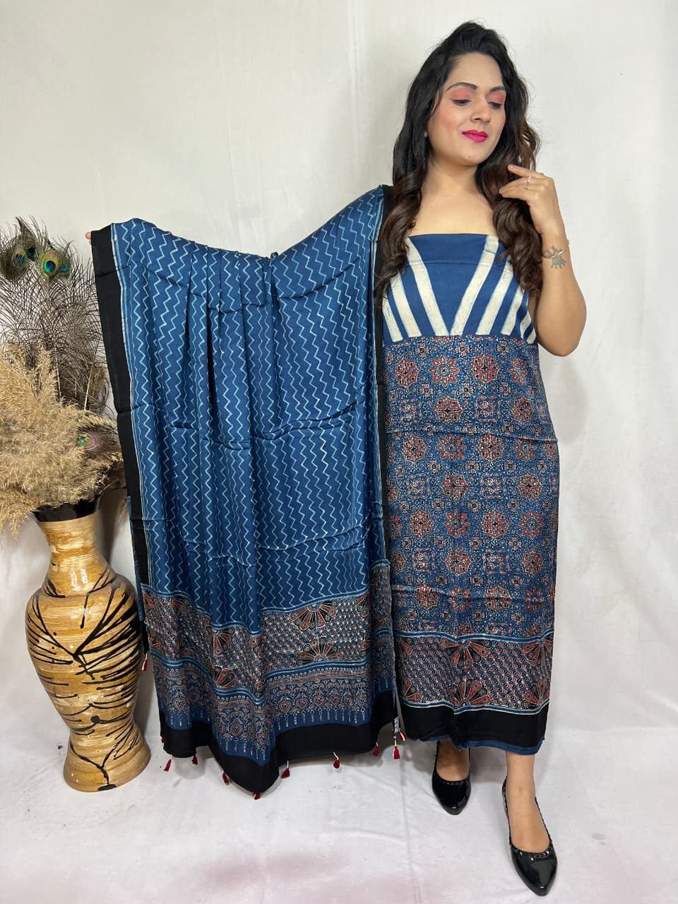 Luxurious Natural Block Print 2pcs Ajrakh Modal Silk Suit Material - Blue