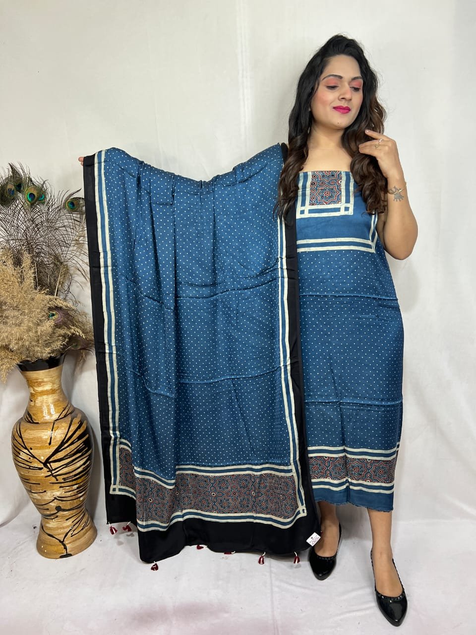 Luxurious Natural Block Print 2pcs Ajrakh Modal Silk Suit Material - Blue