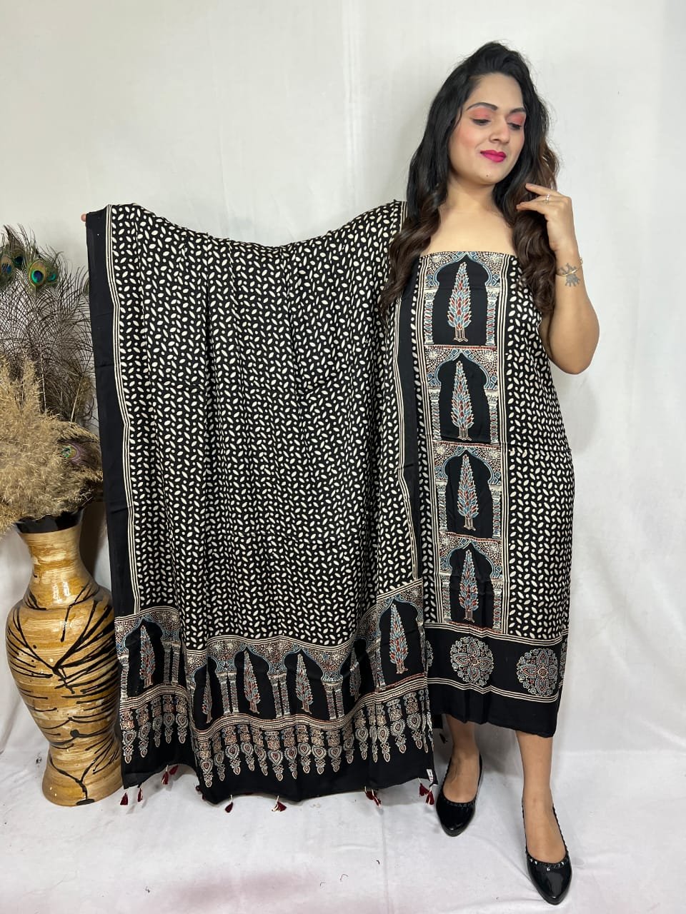 Luxurious Natural Block Print 2pcs Ajrakh Modal Silk Suit Material - Black