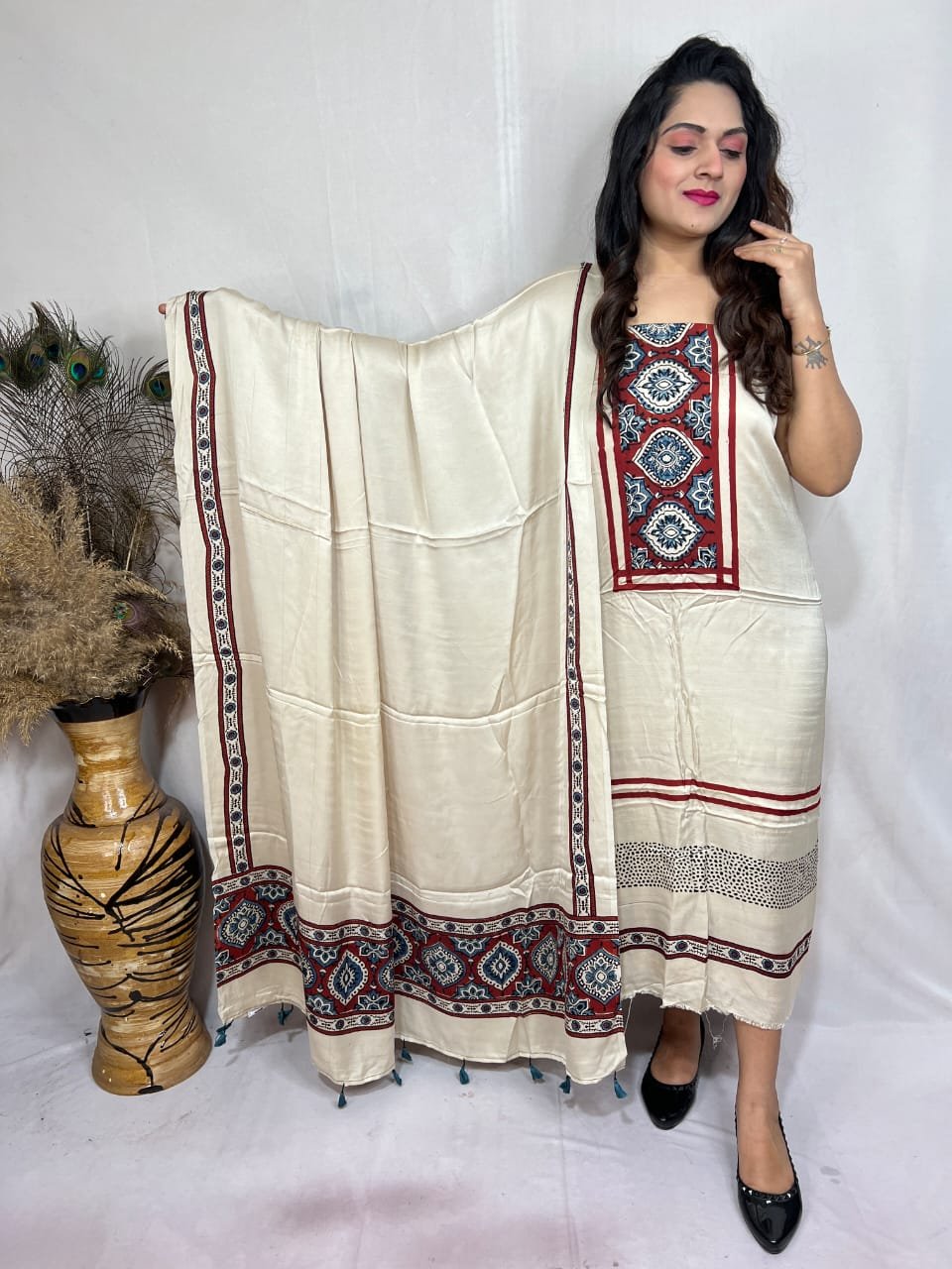 Luxurious Natural Block Print 2pcs Ajrakh Modal Silk Suit Material - Cream