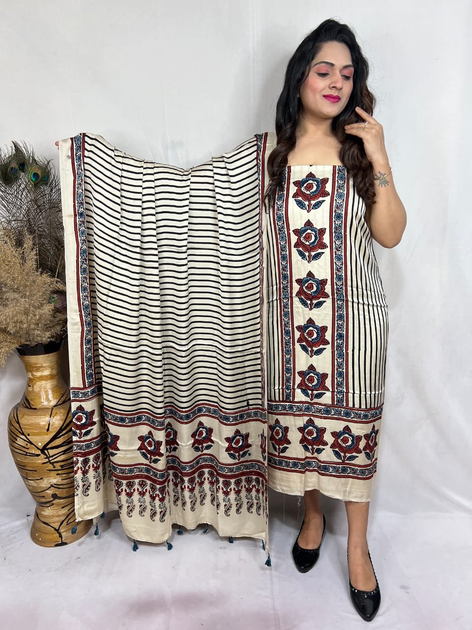 Luxurious Natural Block Print 2pcs Ajrakh Modal Silk Suit Material - Cream