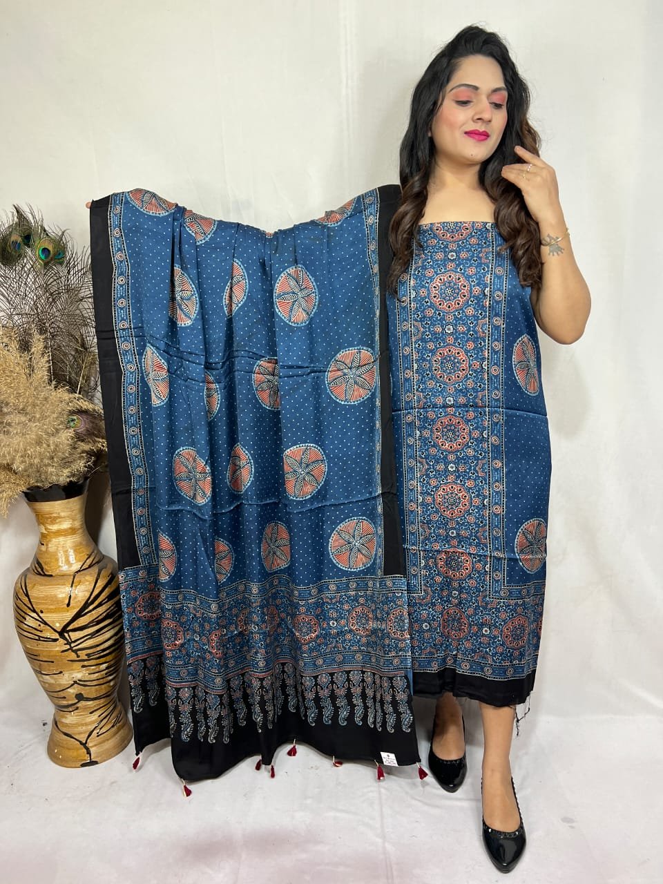 Luxurious Natural Block Print 2pcs Ajrakh Modal Silk Suit Material - Blue