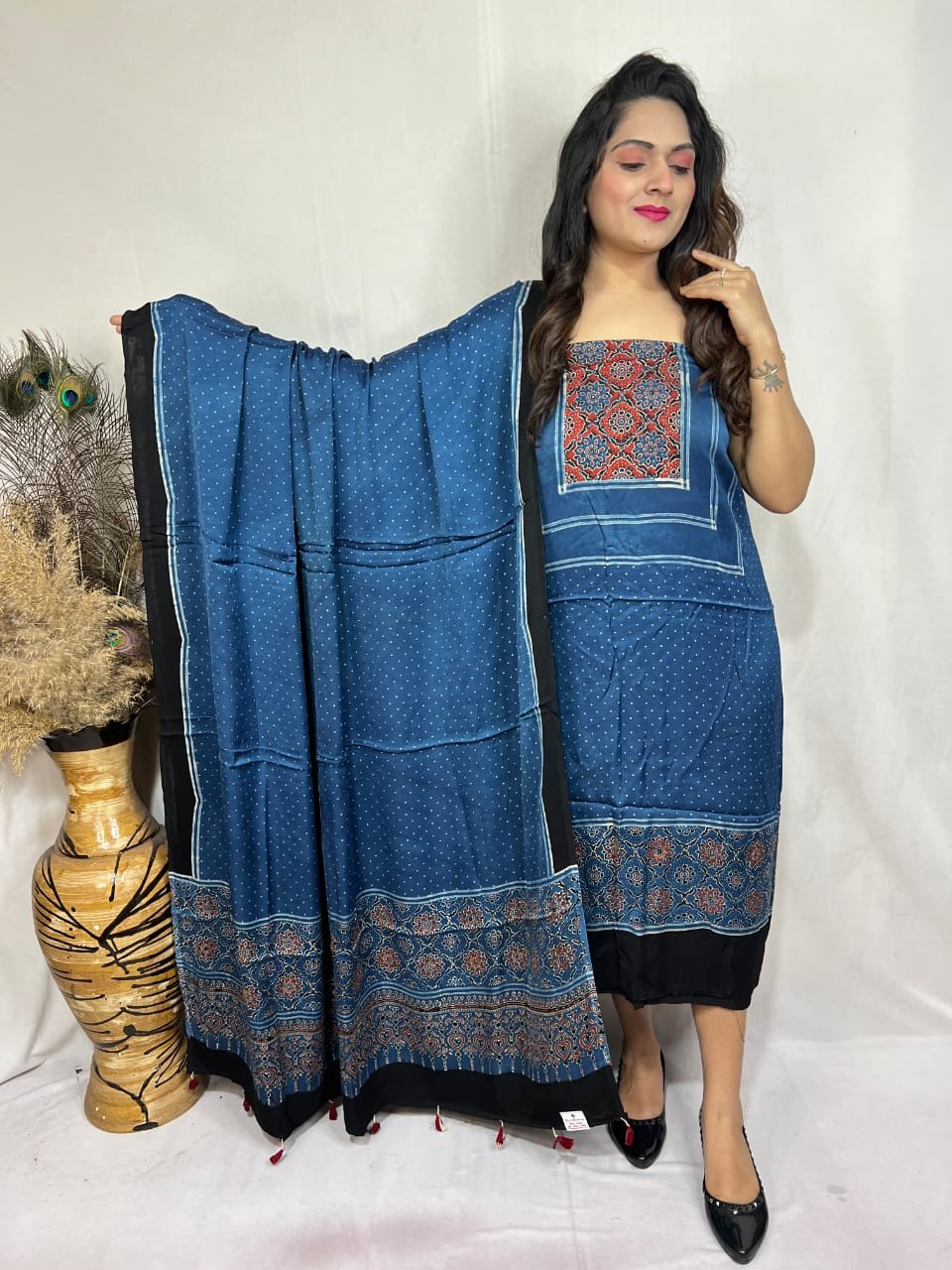 Luxurious Natural Block Print 2pcs Ajrakh Modal Silk Suit Material - Blue