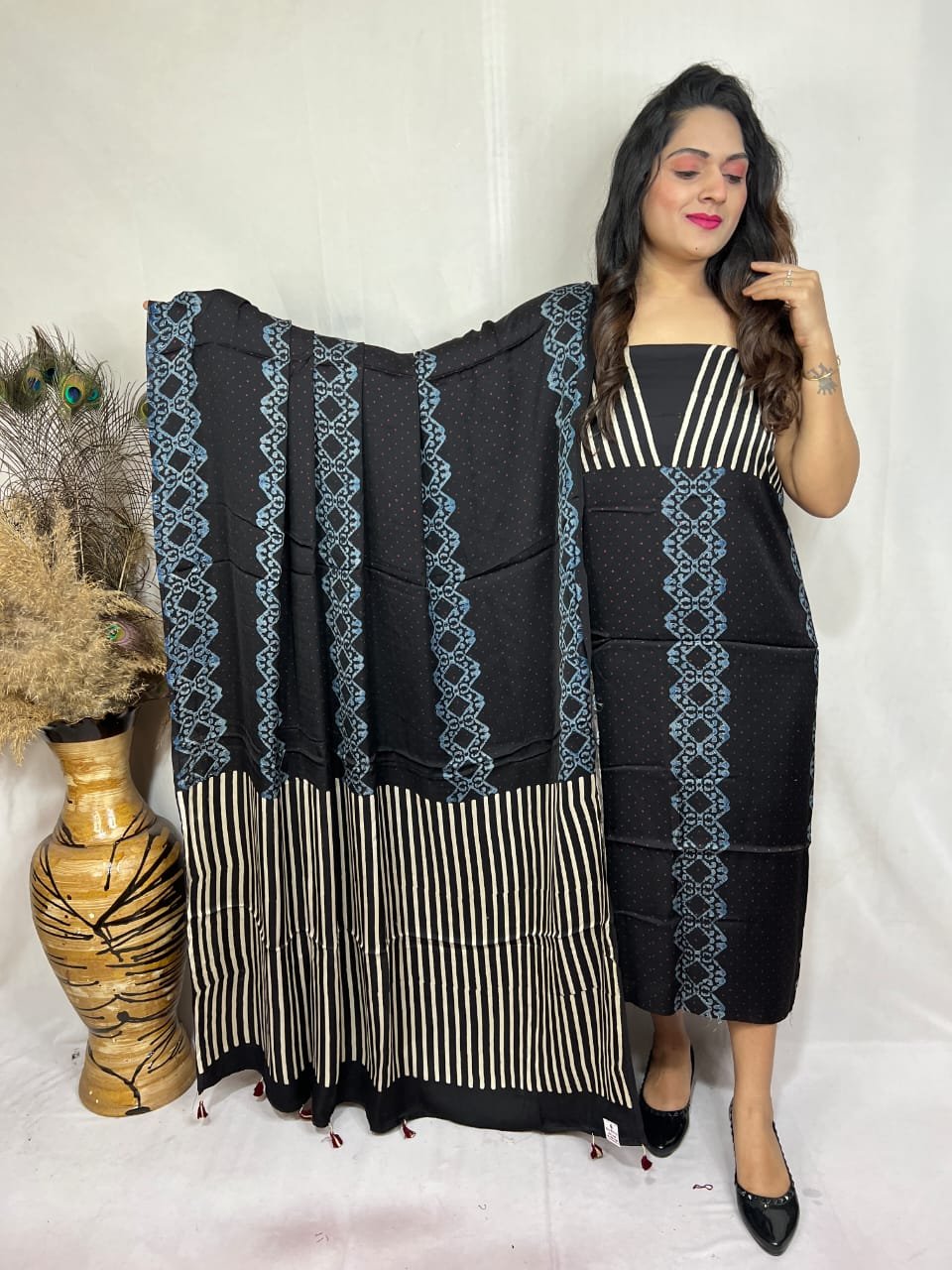 Luxurious Natural Block Print 2pcs Ajrakh Modal Silk Suit Material - Black