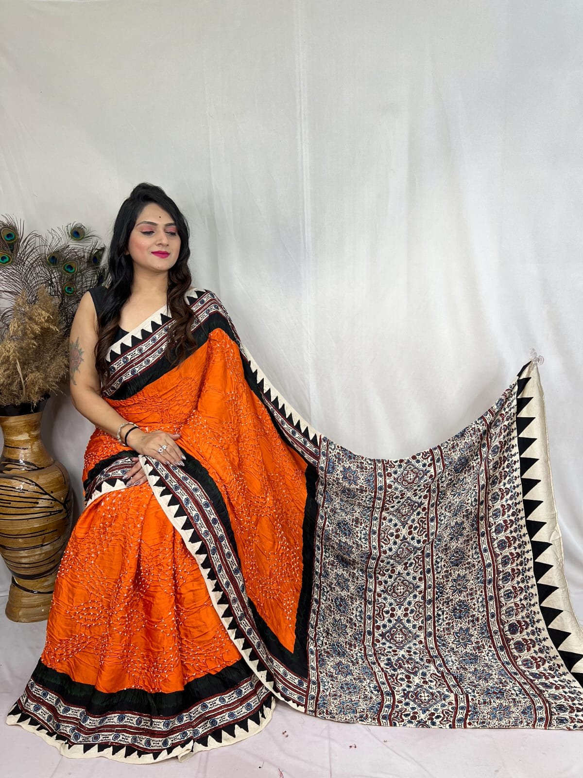 Womens Elegant Ajrakh Modal Silk Saree with Natural Hand Block Print & Bandhej - Orange