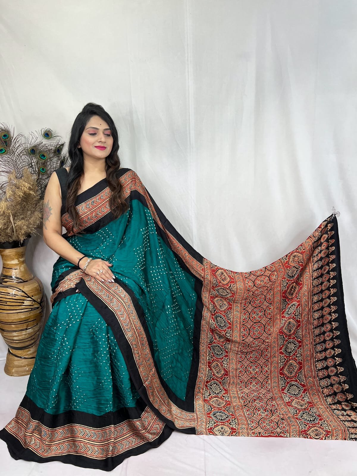 Womens Elegant Ajrakh Modal Silk Saree with Natural Hand Block Print & Bandhej - Rama