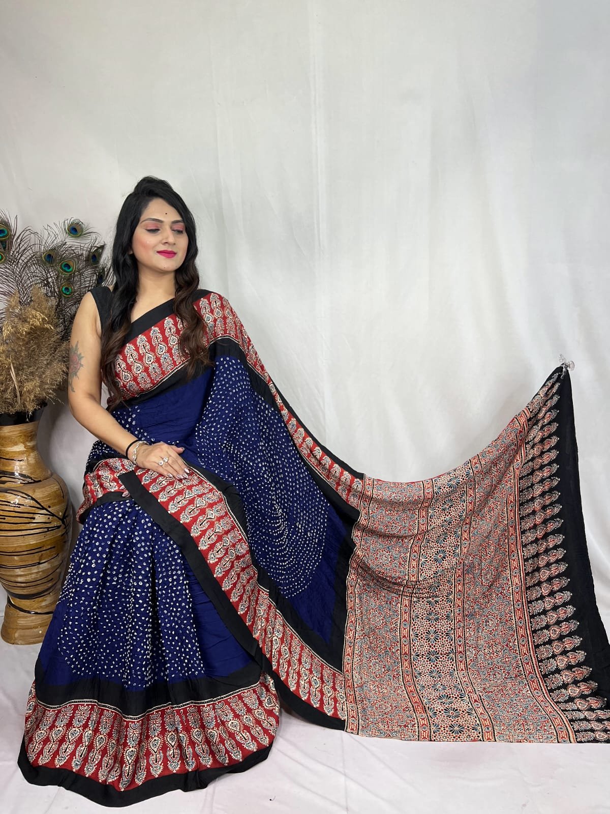 Womens Elegant Ajrakh Modal Silk Saree with Natural Hand Block Print & Bandhej - Blue