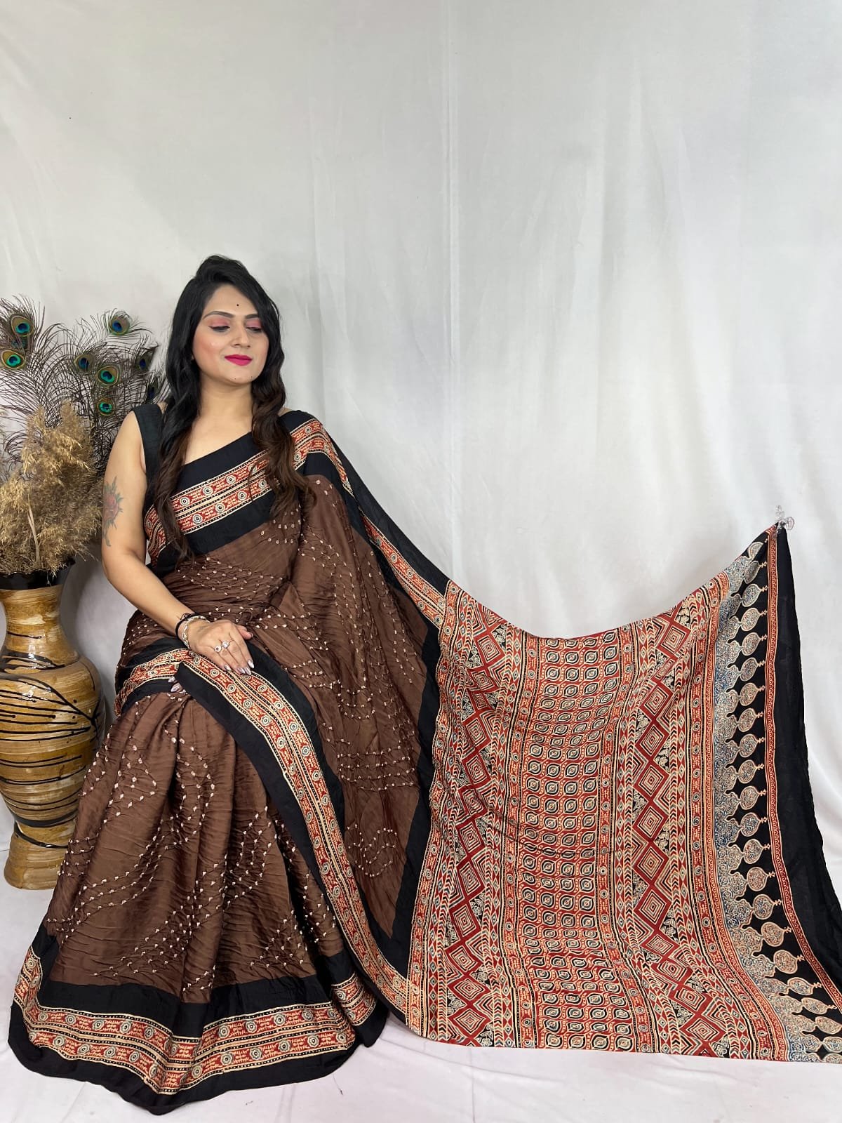 Womens Elegant Ajrakh Modal Silk Saree with Natural Hand Block Print & Bandhej - Coffee