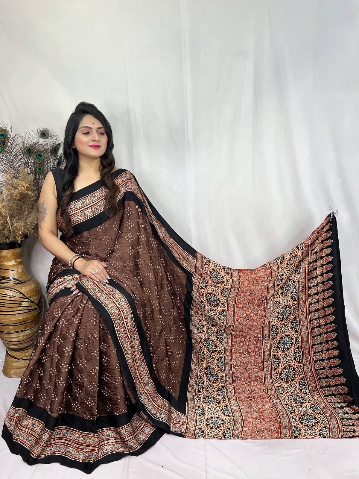 Womens Elegant Ajrakh Modal Silk Saree with Natural Hand Block Print & Bandhej - Coffee