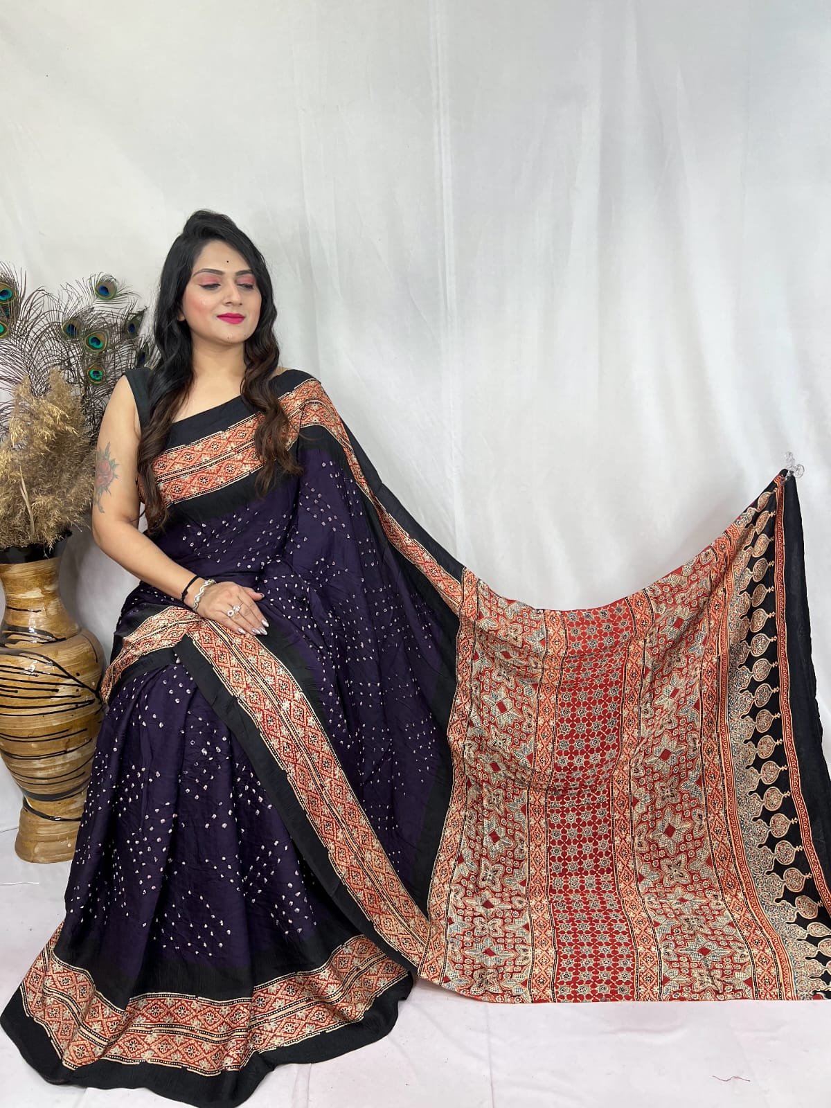Womens Elegant Ajrakh Modal Silk Saree with Natural Hand Block Print & Bandhej - Purple