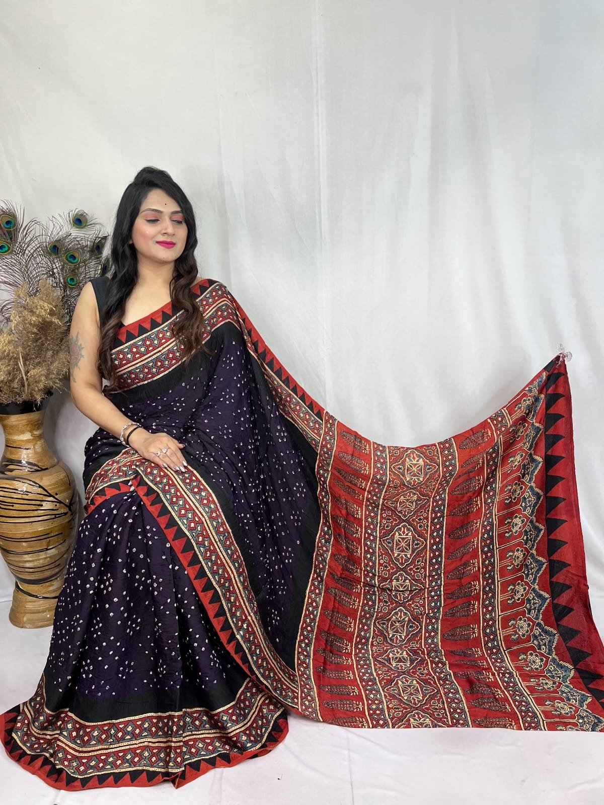 Womens Elegant Ajrakh Modal Silk Saree with Natural Hand Block Print & Bandhej - Purple