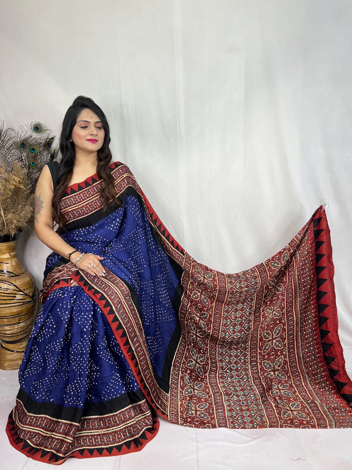 Womens Elegant Ajrakh Modal Silk Saree with Natural Hand Block Print & Bandhej - Blue