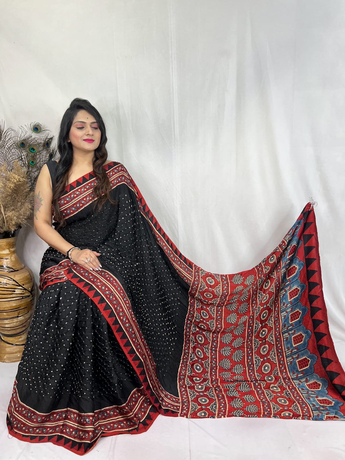 Womens Elegant Ajrakh Modal Silk Saree with Natural Hand Block Print & Bandhej - Black