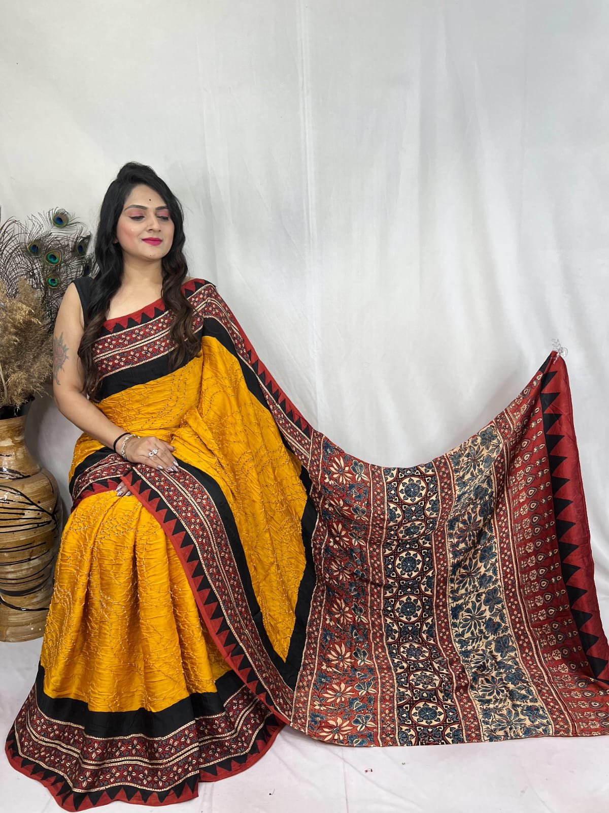 Womens Elegant Ajrakh Modal Silk Saree with Natural Hand Block Print & Bandhej - Mustard Yellow