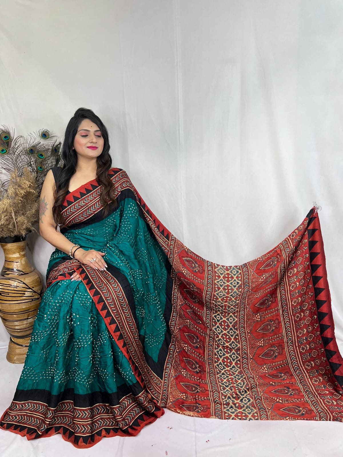 Womens Elegant Ajrakh Modal Silk Saree with Natural Hand Block Print & Bandhej - Rama
