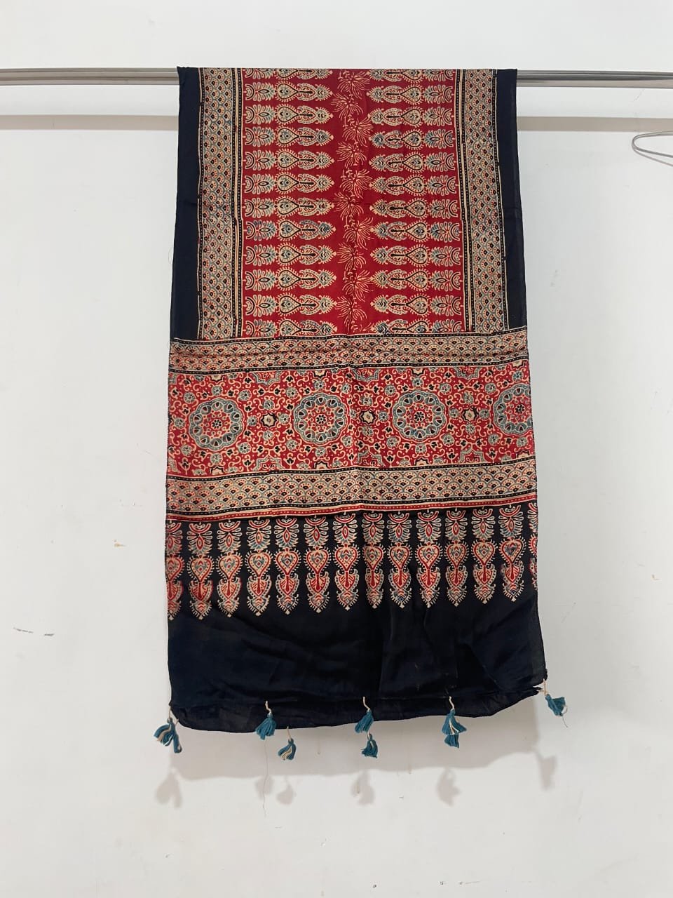 Ajrakh Hand Block Printed Natural Dyes Stole with Tassels - Red