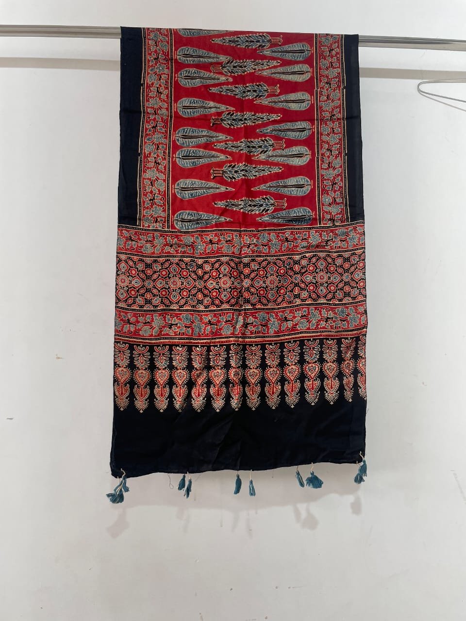 Ajrakh Hand Block Printed Natural Dyes Stole with Tassels - Red