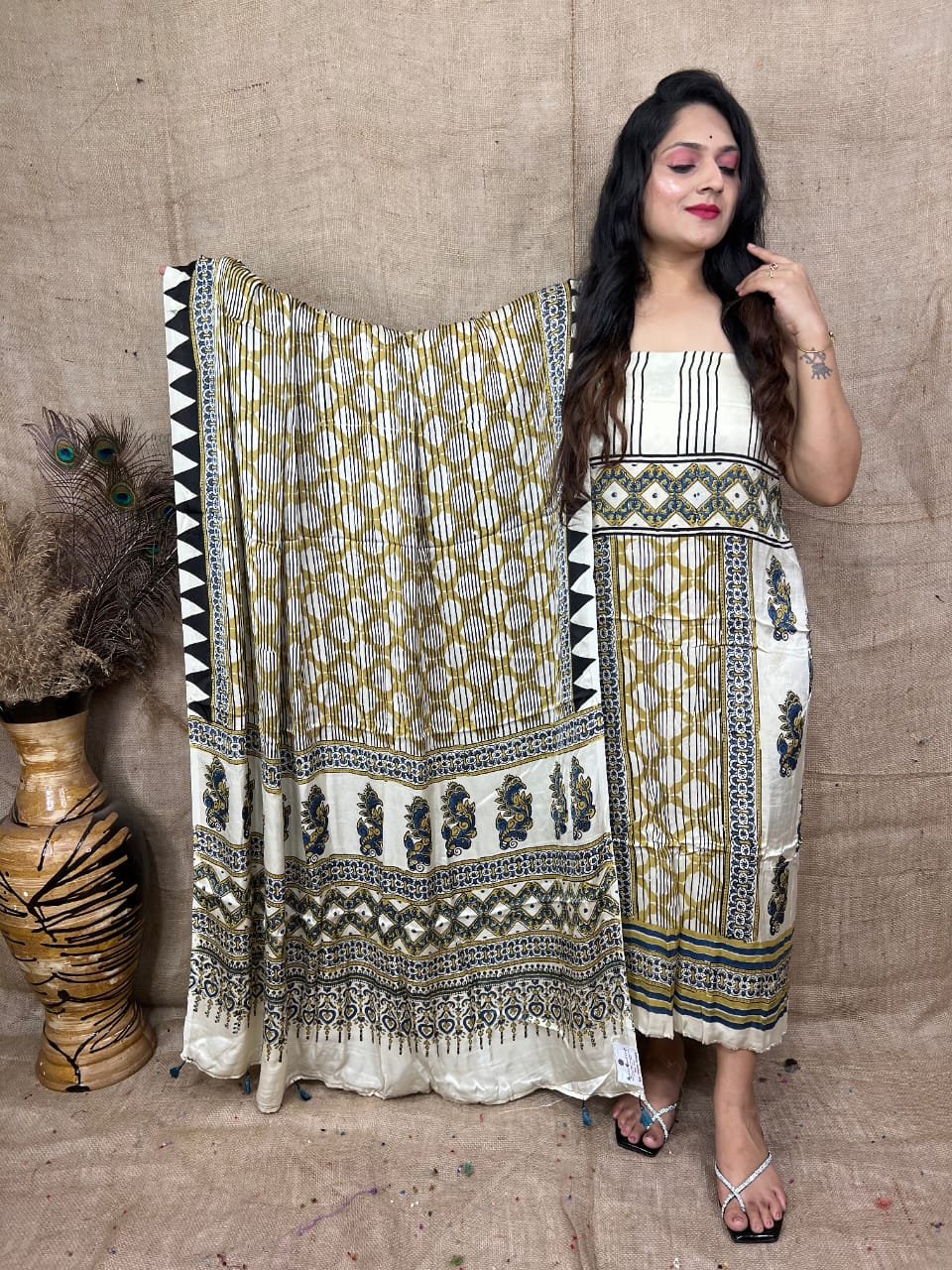Luxurious Natural Block Print 2pcs Ajrakh Modal Silk Suit Material - Cream