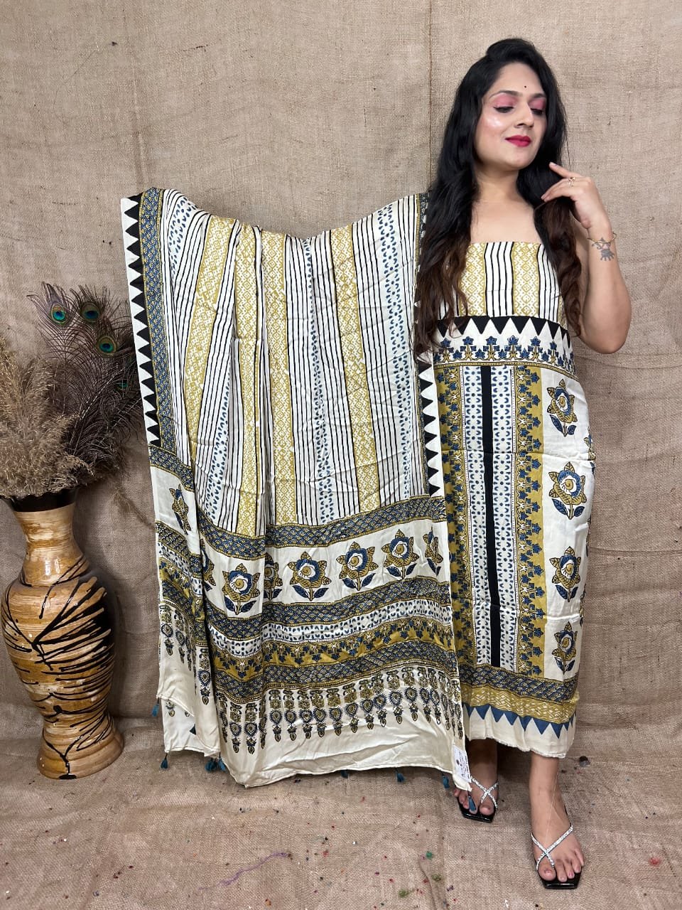 Luxurious Natural Block Print 2pcs Ajrakh Modal Silk Suit Material - Cream