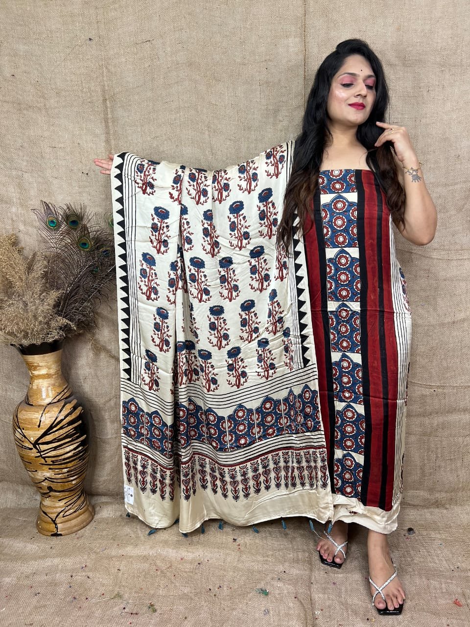 Luxurious Natural Block Print 2pcs Ajrakh Modal Silk Suit Material - Cream