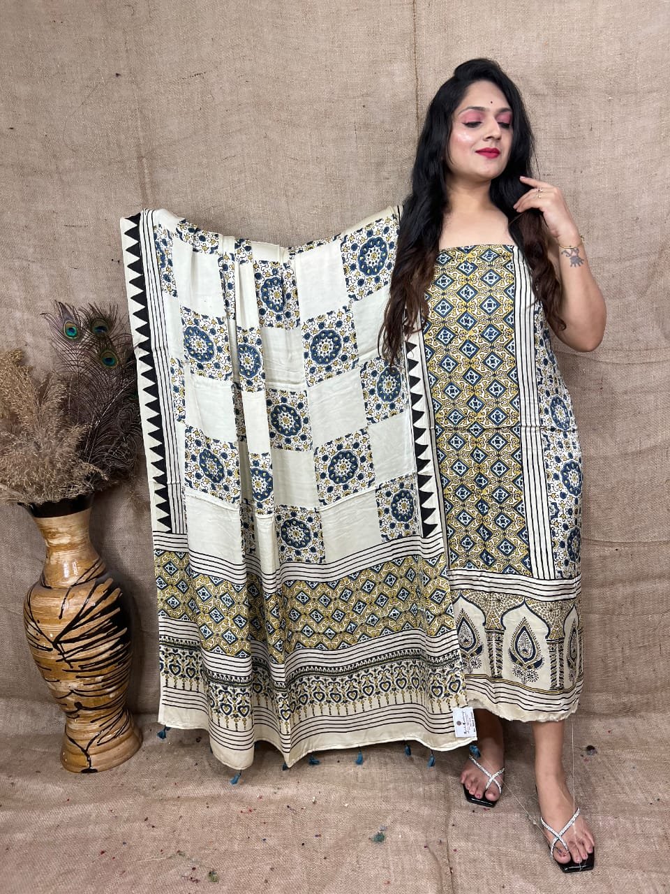 Luxurious Natural Block Print 2pcs Ajrakh Modal Silk Suit Material - Cream