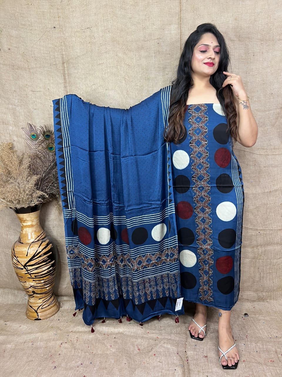 Luxurious Natural Block Print 2pcs Ajrakh Modal Silk Suit Material - Blue