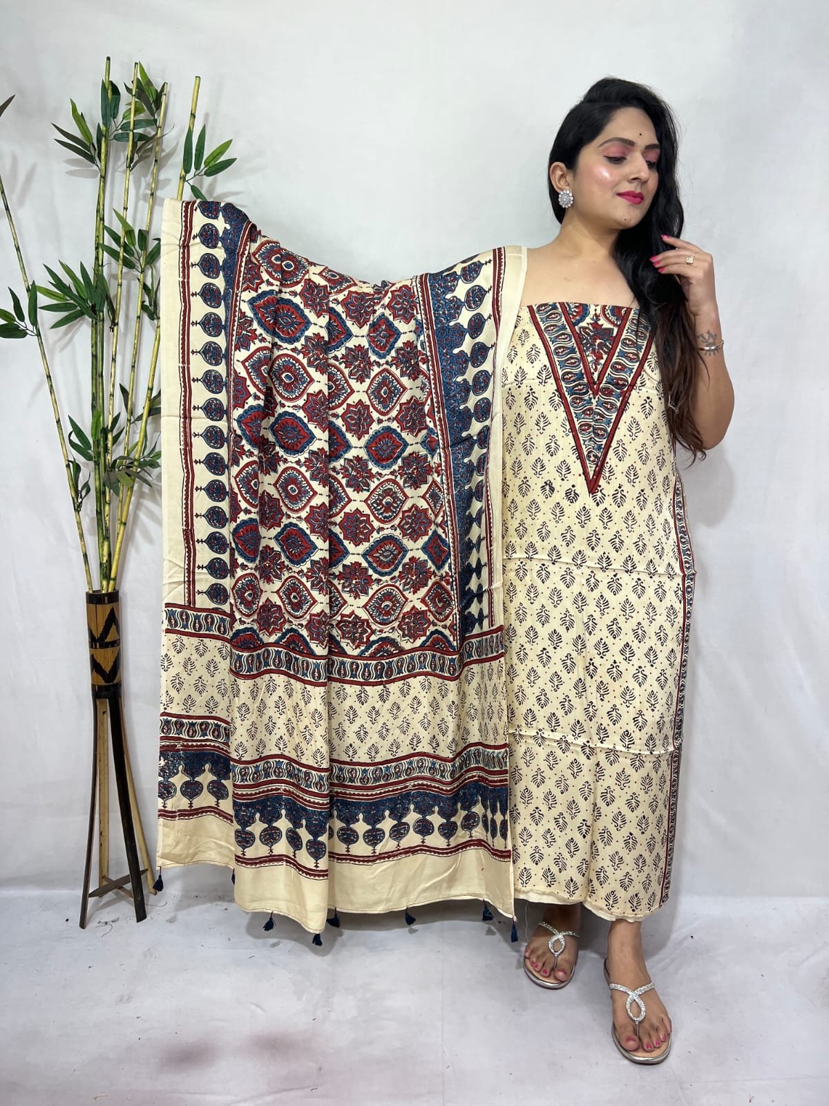 Luxurious Natural Block Print 2pcs Ajrakh Modal Silk Suit Material - Cream