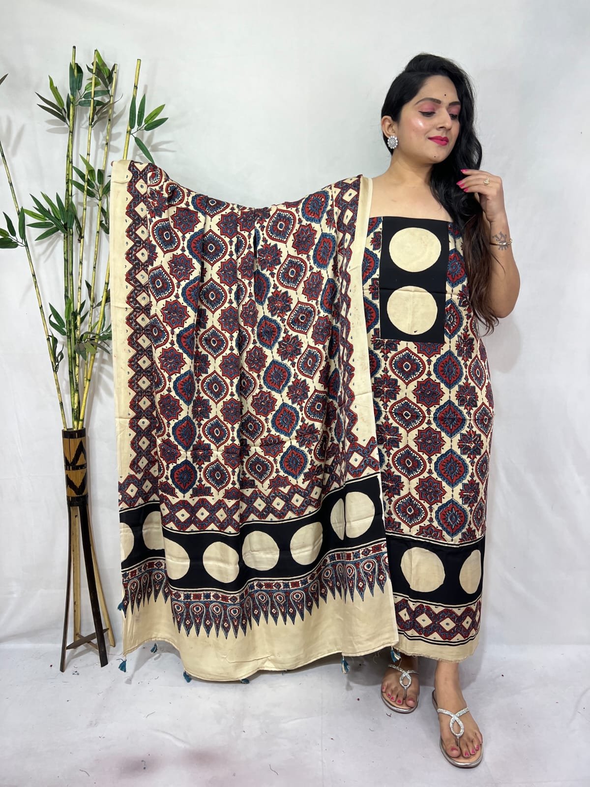 Luxurious Natural Block Print 2pcs Ajrakh Modal Silk Suit Material - Cream