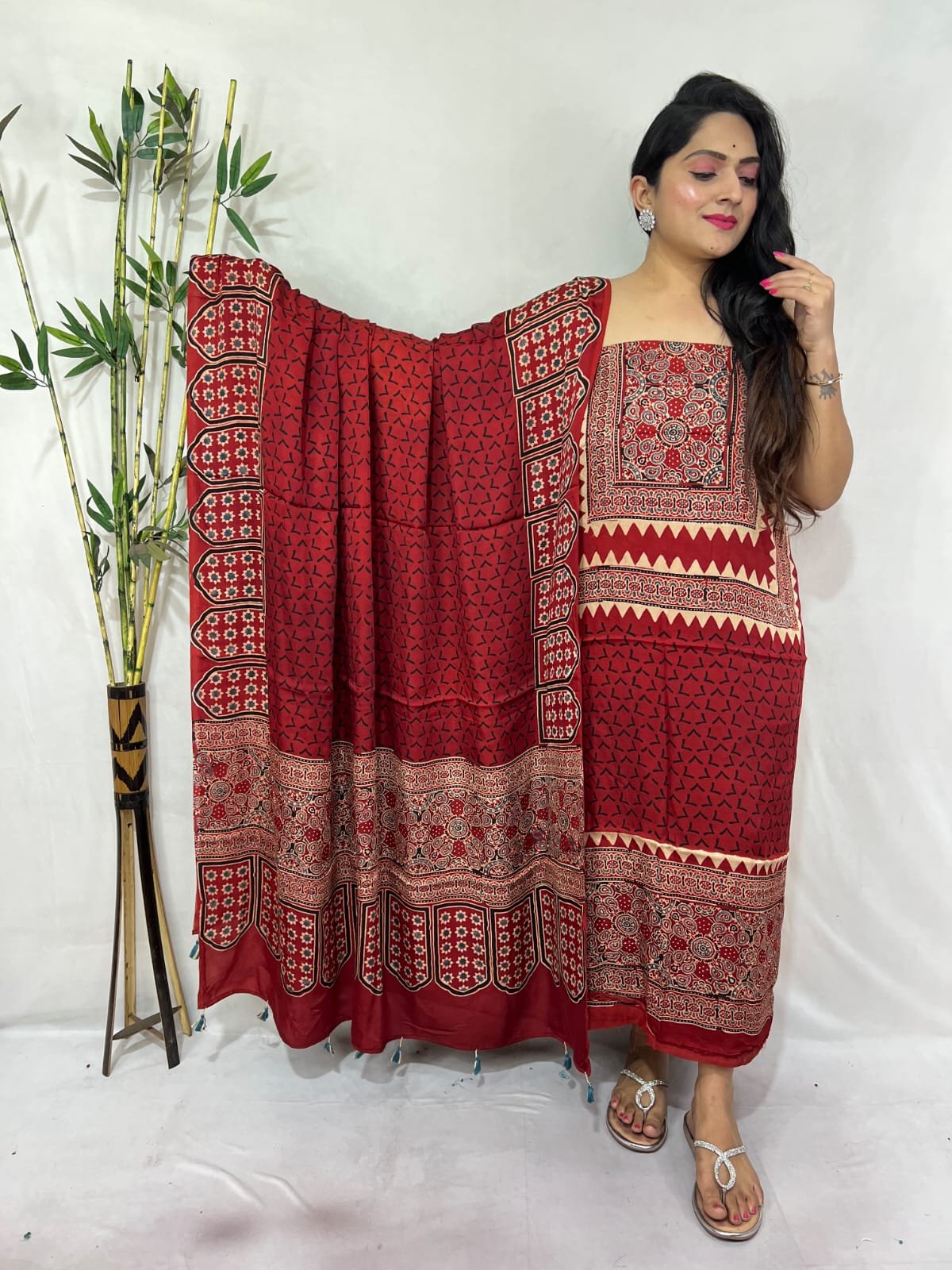 Luxurious Natural Block Print 2pcs Ajrakh Modal Silk Suit Material - Red