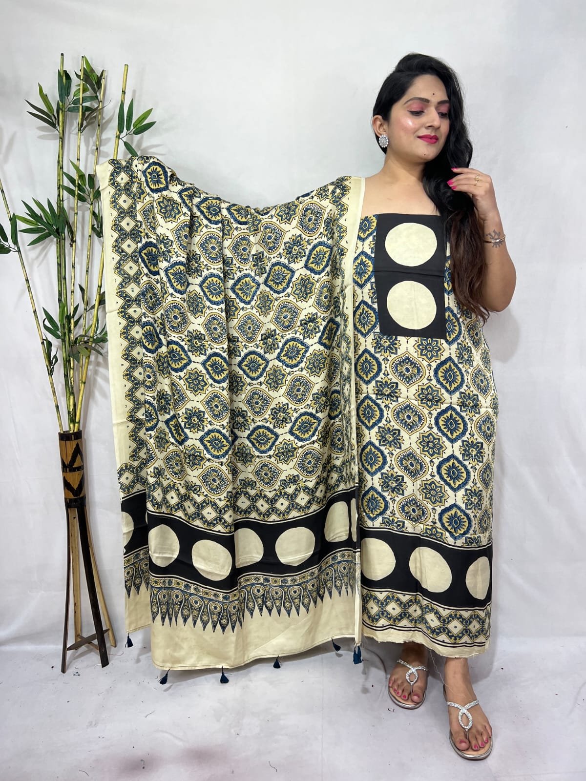 Luxurious Natural Block Print 2pcs Ajrakh Modal Silk Suit Material - Cream