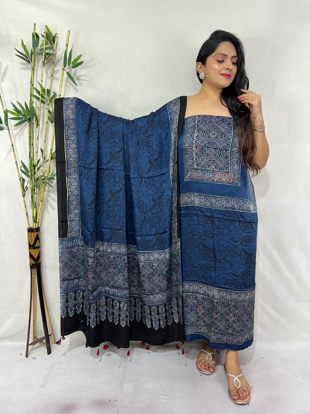 Luxurious Natural Block Print 2pcs Ajrakh Modal Silk Suit Material - Blue
