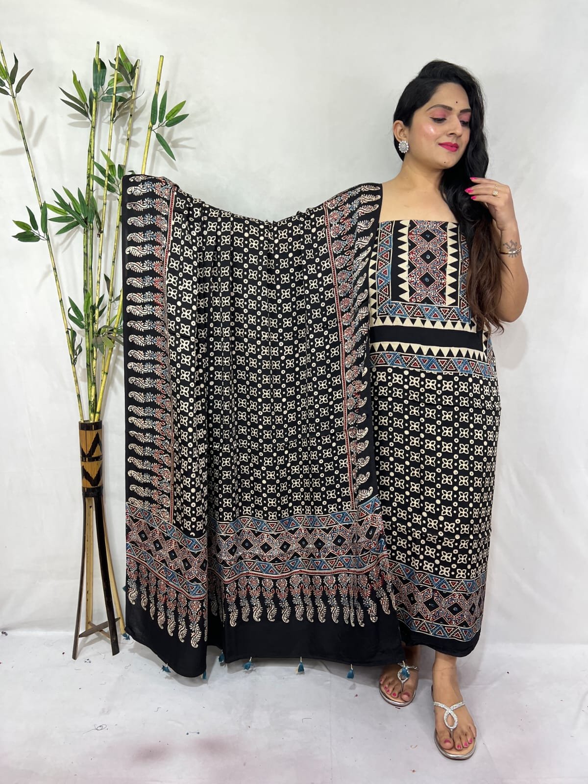 Luxurious Natural Block Print 2pcs Ajrakh Modal Silk Suit Material - Black