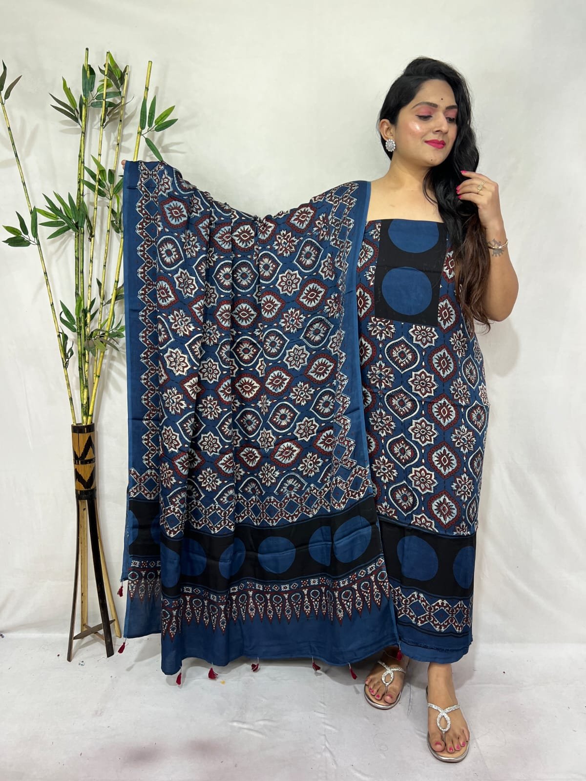 Luxurious Natural Block Print 2pcs Ajrakh Modal Silk Suit Material - Blue